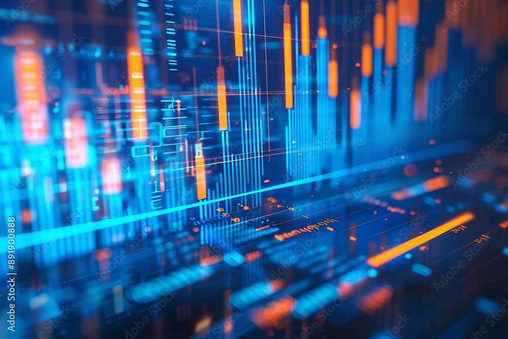 Dynamic financial graphs and bar charts in blue and orange on an abstract digital screen, business data visualization, Dynamic financial graphs and bar charts in blue and orange on an abstract digital screen, business data visualization,