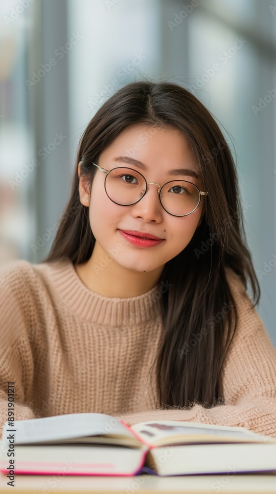 A woman sits at a desk with an open book, looking at the camera with a smile A woman sits at a desk with an open book, looking at the camera with a smile