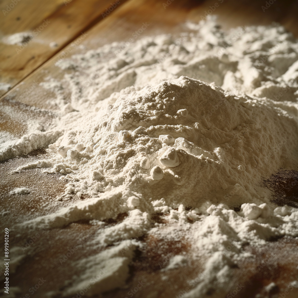 A rustic portrait of flour set on a wooden table, capturing its texture and the play of light on its surface A rustic portrait of flour set on a wooden table, capturing its texture and the play of light on its surface