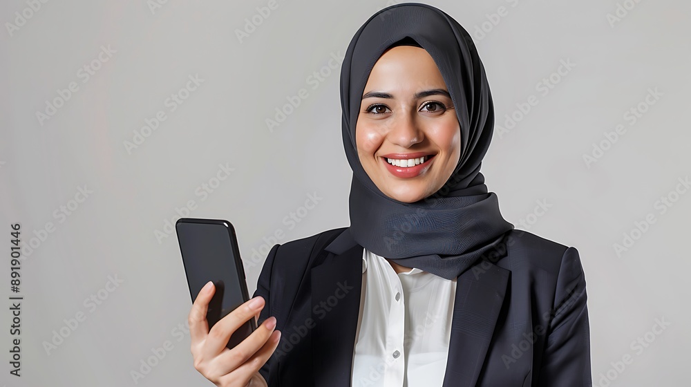 Portrait of a professional woman in hijab wearing a black suit and white shirt while smiling and holding a phone Portrait of a professional woman in hijab wearing a black suit and white shirt while smiling and holding a phone
