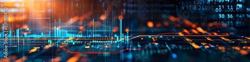 Dynamic financial charts and graphs in blue and orange on an abstract digital background, representing business analytics,
