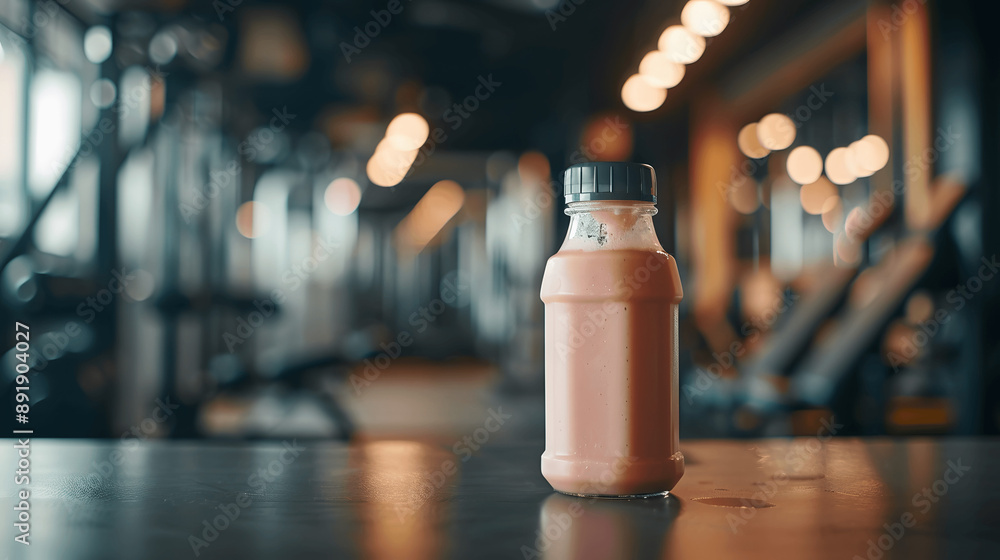 Close-up of protein shake in stylish bottle with gym equipment background Close-up of protein shake in stylish bottle with gym equipment background