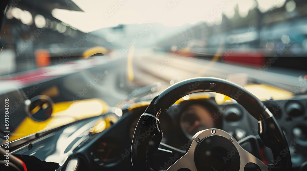 Close-up of race car's steering wheel and controls with blurred track background Close-up of race car's steering wheel and controls with blurred track background