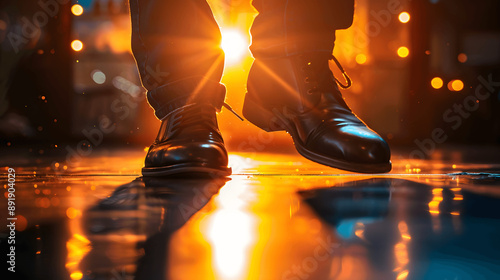 Close-up of tap dancer's shoes mid-tap with light reflecting on shiny surface photo