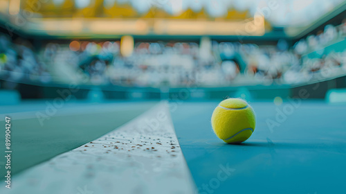 Tennis racket and ball on pristine court with blurred audience