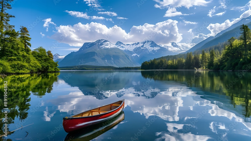 Scenic Mountain Lake with Red Canoe and Snow-Capped Peaks
Scenic Mountain Lake with Red Canoe and Snow-Capped Peaks