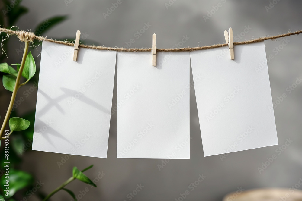 Three white blank papers hanging on clothesline with wooden pegs in sunlight, paper sheets display, blank concept of mock up Three white blank papers hanging on clothesline with wooden pegs in sunlight, paper sheets display, blank concept of mock up