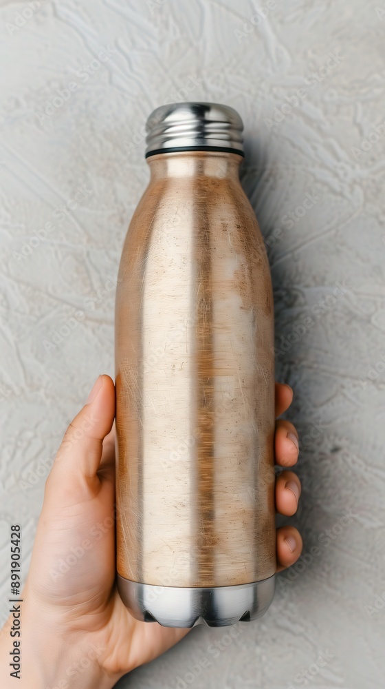 Person is holding a reusable water bottle made of stainless steel with a copper plating against a textured background Person is holding a reusable water bottle made of stainless steel with a copper plating against a textured background