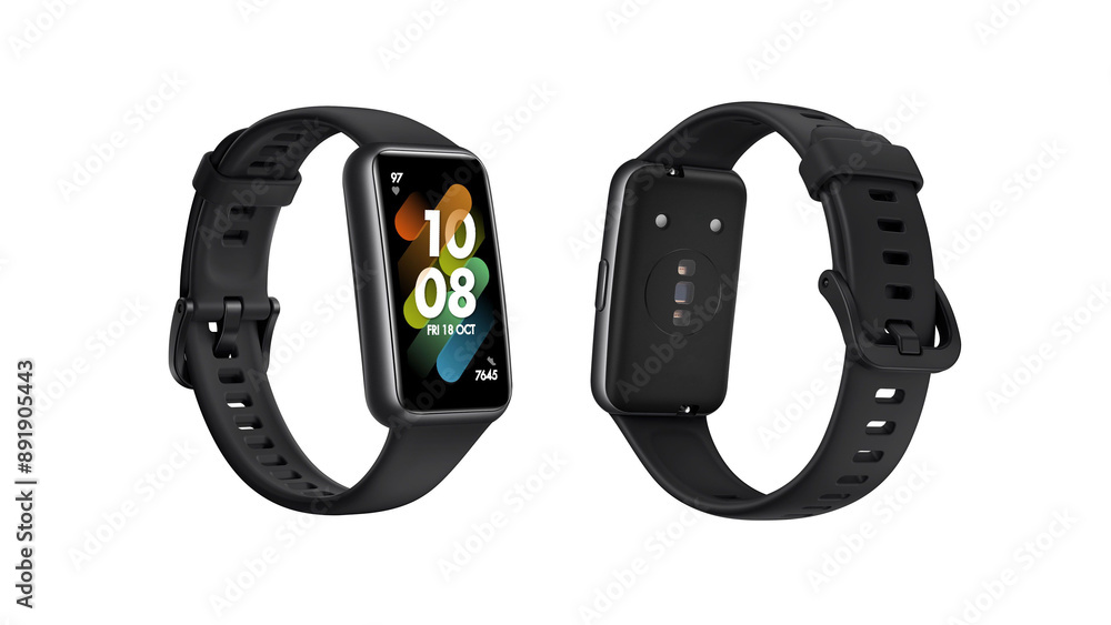 Closeup of dark grey smartwatches with colourful interfaces, isolated on white background. Closeup of dark grey smartwatches with colourful interfaces, isolated on white background.