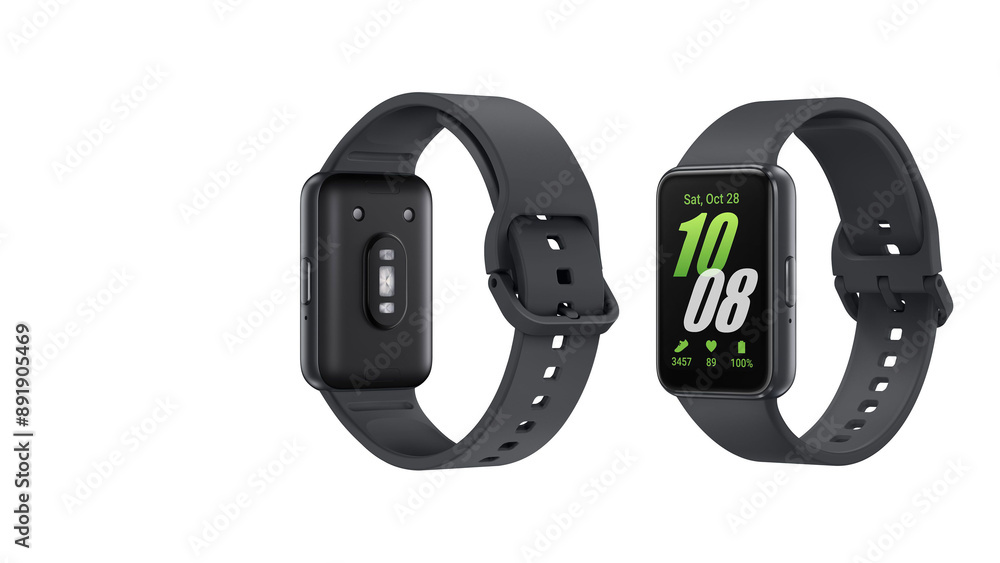 Closeup of grey smartwatches with green interface, isolated on white copy-space background. Closeup of grey smartwatches with green interface, isolated on white copy-space background.