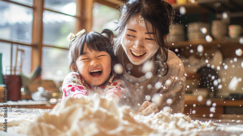 一緒にお菓子を作る笑顔のお母さんと娘 一緒にお菓子を作る笑顔のお母さんと娘