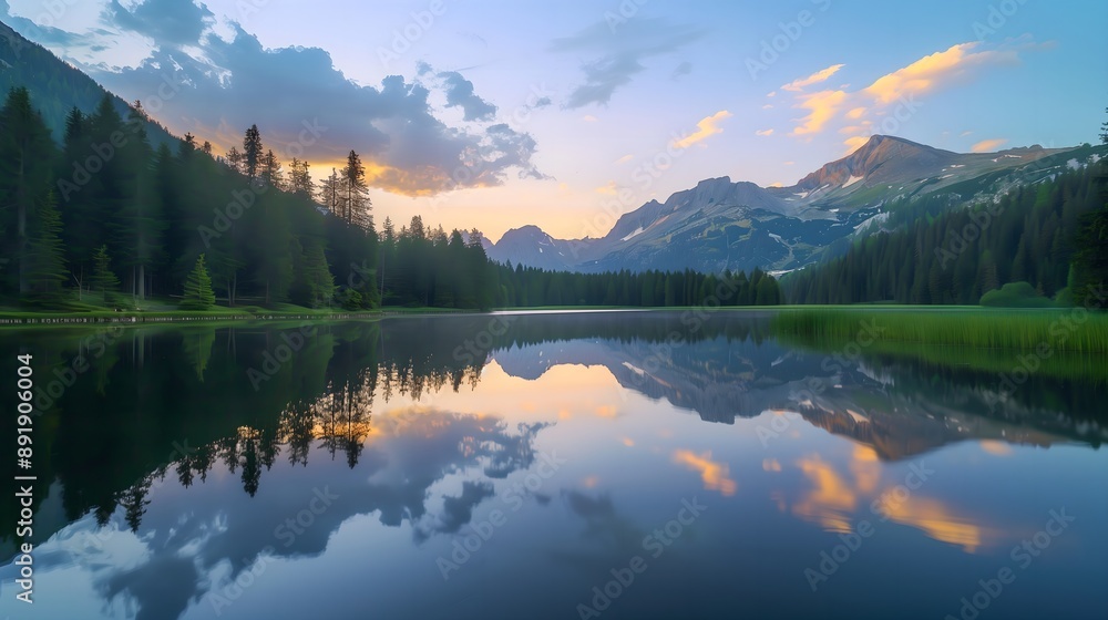 Fototapeta premium Tranquil Mountain Lake at Sunset with Reflections and Forest