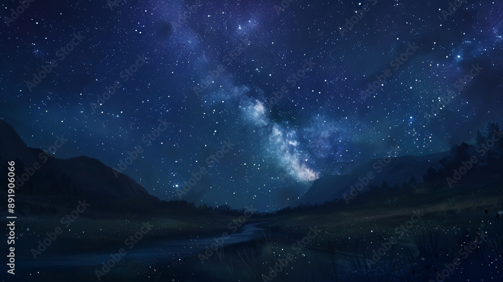 Landscape featuring the Milky Way galaxy against a night sky backdrop filled with stars. Landscape featuring the Milky Way galaxy against a night sky backdrop filled with stars.