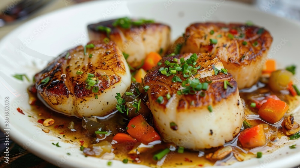 Sauteed Scallops with Almonds and Organic Vegetables at Italian American or French eatery Sauteed Scallops with Almonds and Organic Vegetables at Italian American or French eatery
