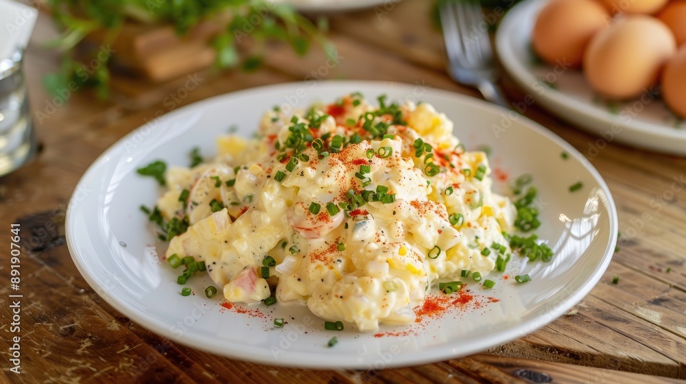 Spicy catfish egg salad on a white plate on a wooden table Spicy catfish egg salad on a white plate on a wooden table