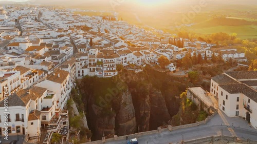 Aerial view of the Ronda medieval town at sunrise, Andalusia, Spain