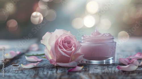 Rose flower essence cosmetic cream displayed on wooden background