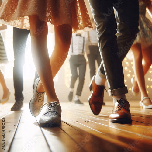 Lower portion of dancers legs wearing multicolor fashionable traditional dresses while dancing on dancing floor. Dancing legs on dancing floor. Dancers performing on stage.