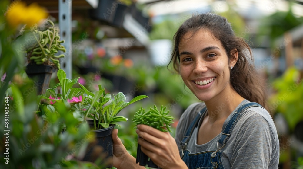 A joyous woman is grinning as she finds herself surrounded by plants in a garden center A joyous woman is grinning as she finds herself surrounded by plants in a garden center