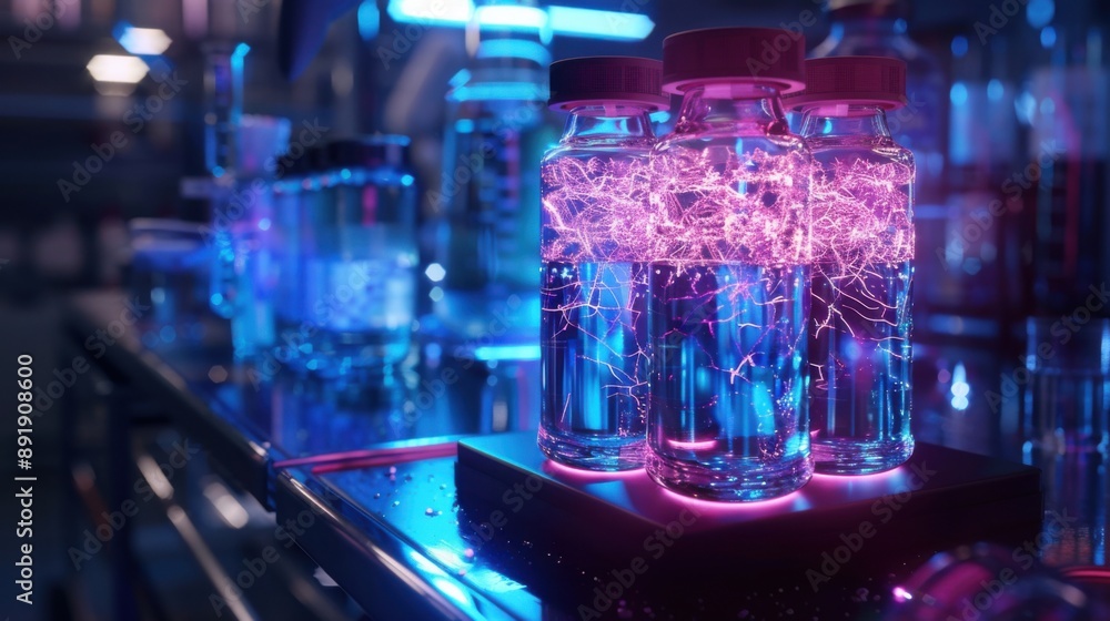 A group of four vials with purple liquid inside A group of four vials with purple liquid inside