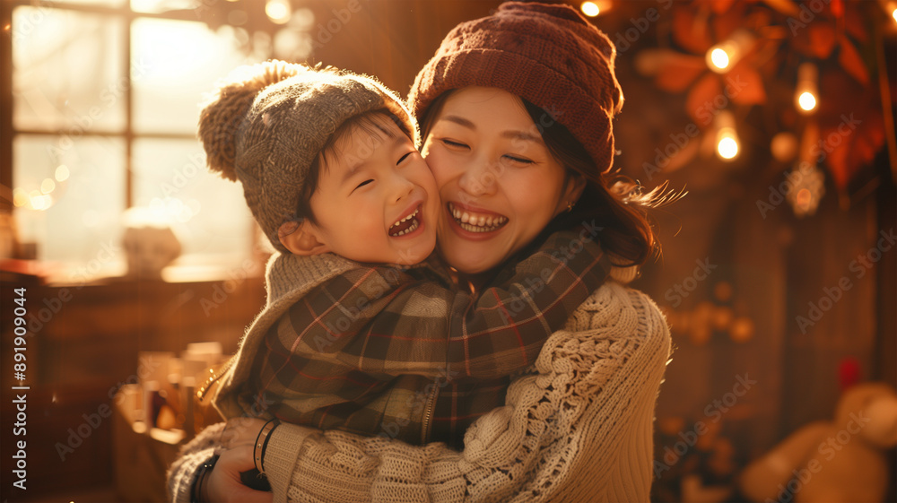 秋の温もり 母と息子の笑顔あふれる抱擁 秋の温もり 母と息子の笑顔あふれる抱擁