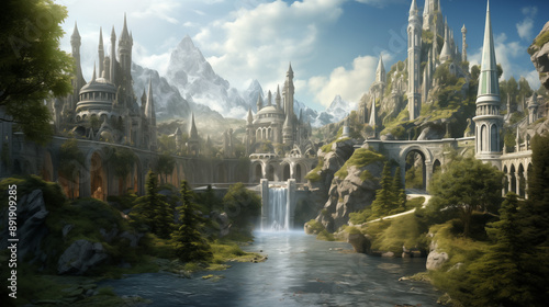 Elven Citadel, RPG, Fantasy City, Waterfalls, Generative AI