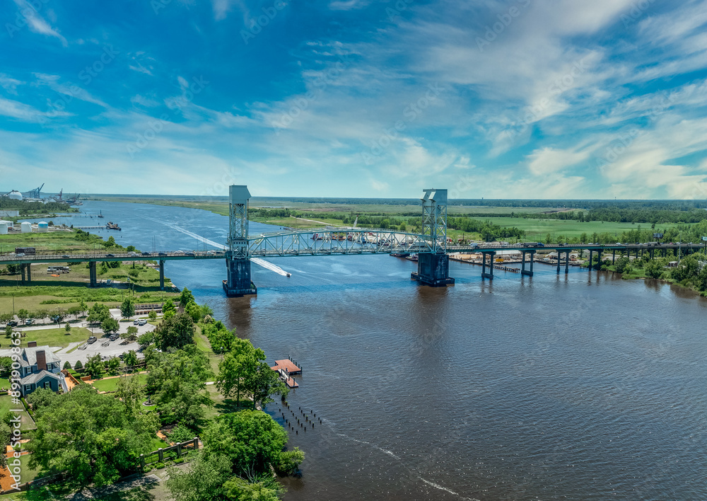 Cape Fear Memorial Bridge steel vertical-lift bridge in Wilmington North Carolina. Carries US17 highway between Brunswick and New Hanover County