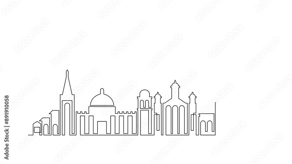 Animated self drawing of San Salvador skyline video design illustration. Modern city in Central America in simple linear style video design concept. Big city in El Salvador. Iconic architectural Animated self drawing of San Salvador skyline video design illustration. Modern city in Central America in simple linear style video design concept. Big city in El Salvador. Iconic architectural