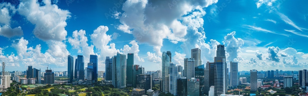 Expansive Panoramic View of Bustling City Under Cloudy Skies Expansive Panoramic View of Bustling City Under Cloudy Skies