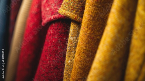 Close up photo of winter coat made of colored wool with smooth texture for fashion design on copy space wallpaper photo