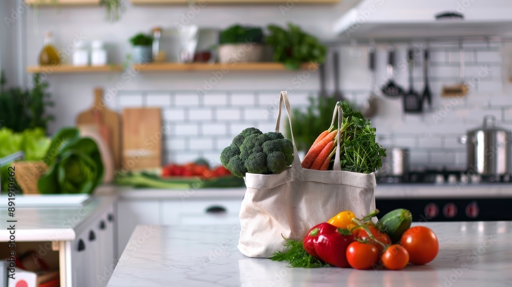 reusable shopping bags with fresh vegetables on a clean, white kitchen counter, with copy space for adding own text. wallpaper background for ads, web design, sites reusable shopping bags with fresh vegetables on a clean, white kitchen counter, with copy space for adding own text. wallpaper background for ads, web design, sites