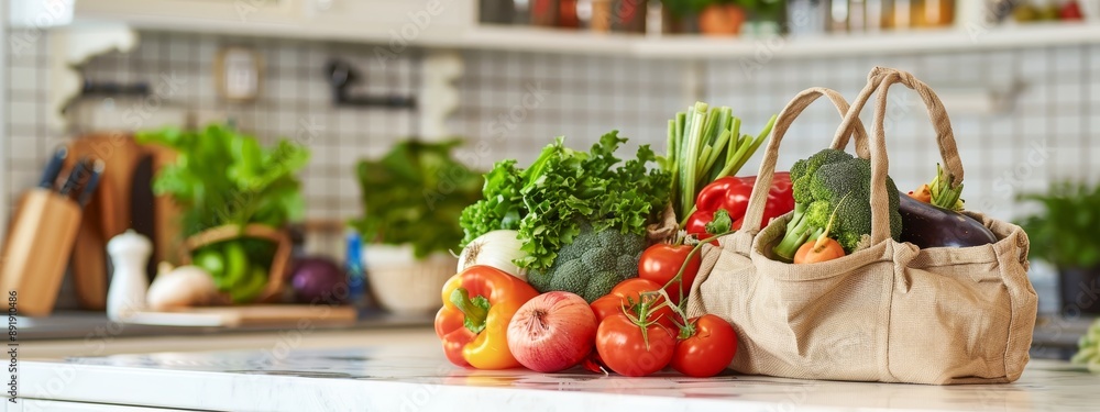 reusable shopping bags with fresh vegetables on a clean, white kitchen counter, with copy space for adding own text. wide banner wallpaper background for ads, web design, sites reusable shopping bags with fresh vegetables on a clean, white kitchen counter, with copy space for adding own text. wide banner wallpaper background for ads, web design, sites