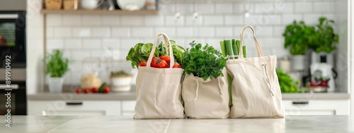 reusable shopping bags with fresh vegetables on a clean, white kitchen counter, with copy space for adding own text. wide banner wallpaper background for ads, web design, sites