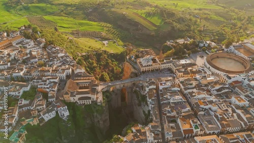 Aerial view of the Ronda medieval town at sunset, Andalusia, Spain