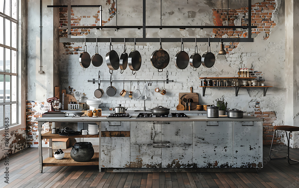 Industrial Loft Kitchen with Hanging Pot Rack Mockup Industrial Loft Kitchen with Hanging Pot Rack Mockup