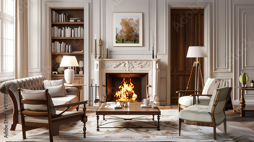 Traditional English Living Room with Fireplace Mockup  photo