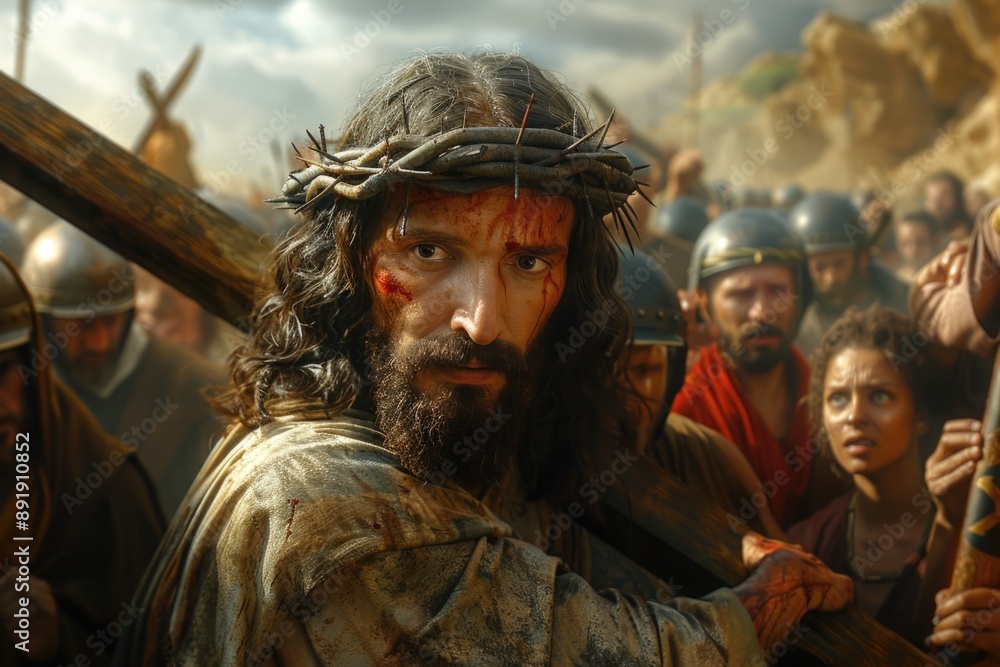 Fototapeta premium Sorrowful journey: Jesus Christ walking to Golgotha, bearing a heavy wooden cross on his shoulders, his face reflecting suffering and fatigue in this poignant religious depiction.