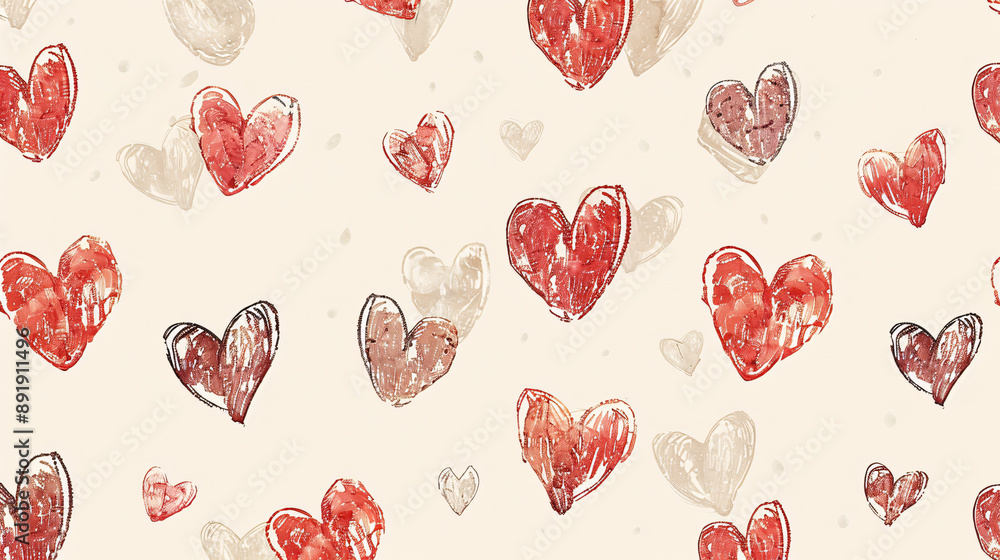 Little red hand drawn hearts pattern on beige background Little red hand drawn hearts pattern on beige background