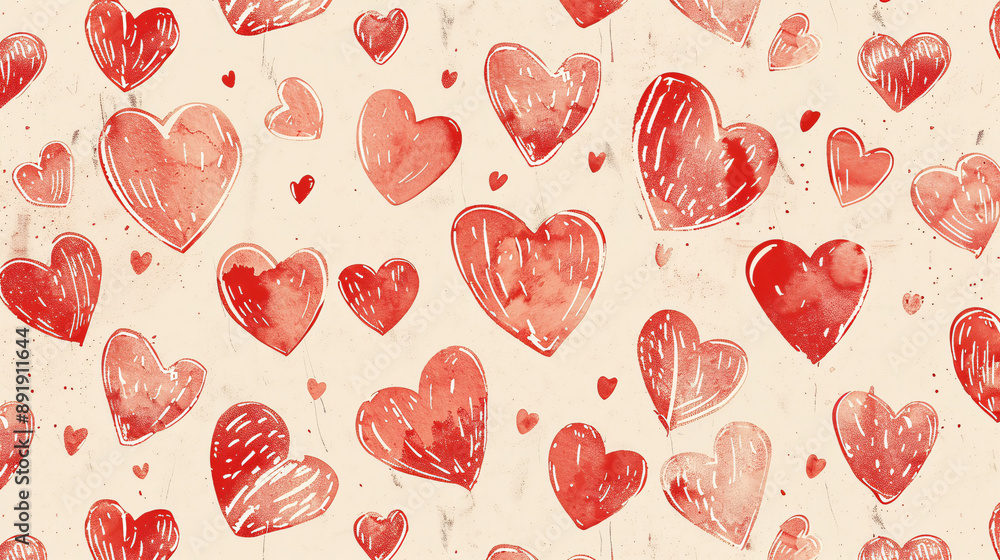 Little red hand drawn hearts pattern on beige background Little red hand drawn hearts pattern on beige background