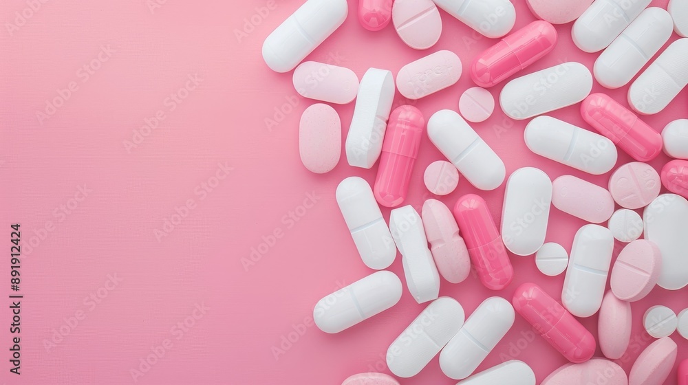 Medications in pink and white colors isolated with space for text symbolizing healing and treatment Medications in pink and white colors isolated with space for text symbolizing healing and treatment