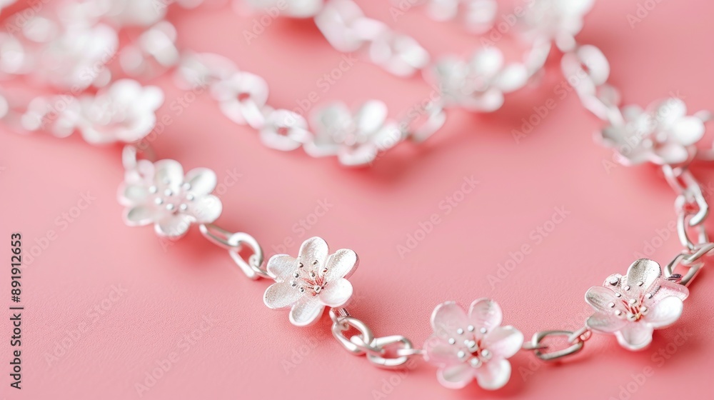 Close up of silver chain with jewelry flowers on pink background Close up of silver chain with jewelry flowers on pink background