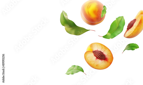 Fotografia di pesche volanti con foglie su sfondo trasparente. Fresche, succose, ideali per l'estate.