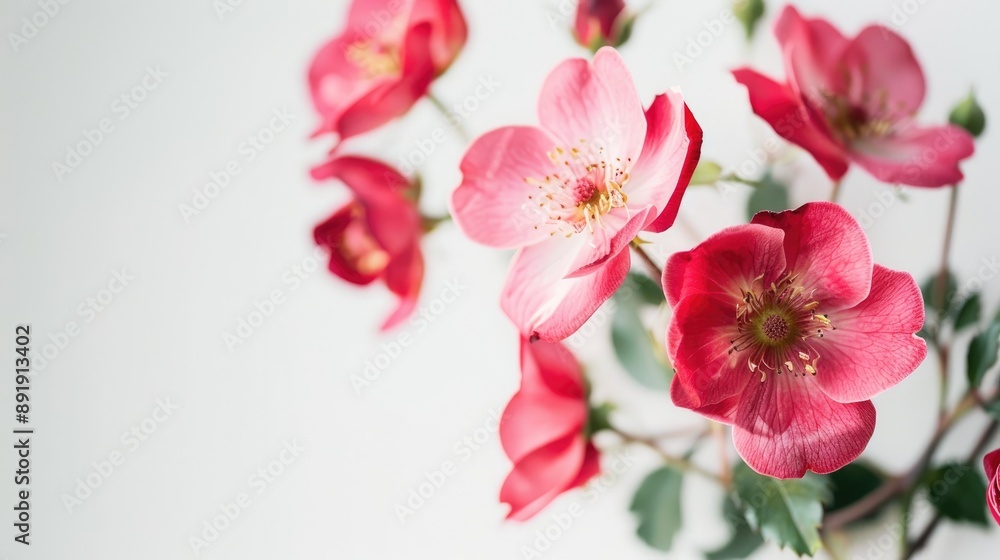 Fototapeta premium Christmas Rose Flowers in Bright Light on White Background with Copy Space on the Right