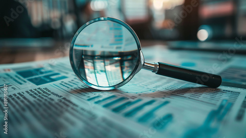 Magnifying glass zooming in on a financial newspaper, emphasizing financial insights through detailed analysis.