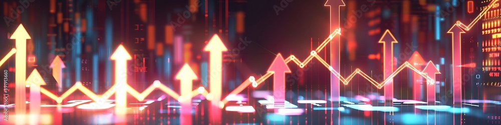 Digital background with glowing arrows, rising trading bar graph, financial growth concept, Digital background with glowing arrows, rising trading bar graph, financial growth concept,