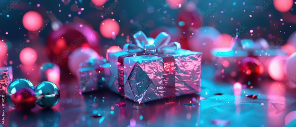 A gift wrap ad portrays an ultramodern, supernatural scene, with copy space, where presents are wrapped in shimmering, digital paper with vibrant holographic patterns A gift wrap ad portrays an ultramodern, supernatural scene, with copy space, where presents are wrapped in shimmering, digital paper with vibrant holographic patterns
