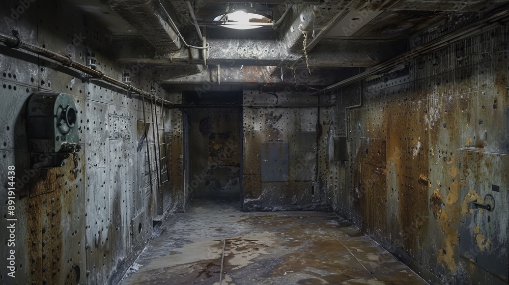 This image depicts an old, empty room with rusted and damaged metal walls, featuring a few industrial fixtures and a hole in the ceiling allowing light to enter. Atmosphere is eerie. This image depicts an old, empty room with rusted and damaged metal walls, featuring a few industrial fixtures and a hole in the ceiling allowing light to enter. Atmosphere is eerie.
