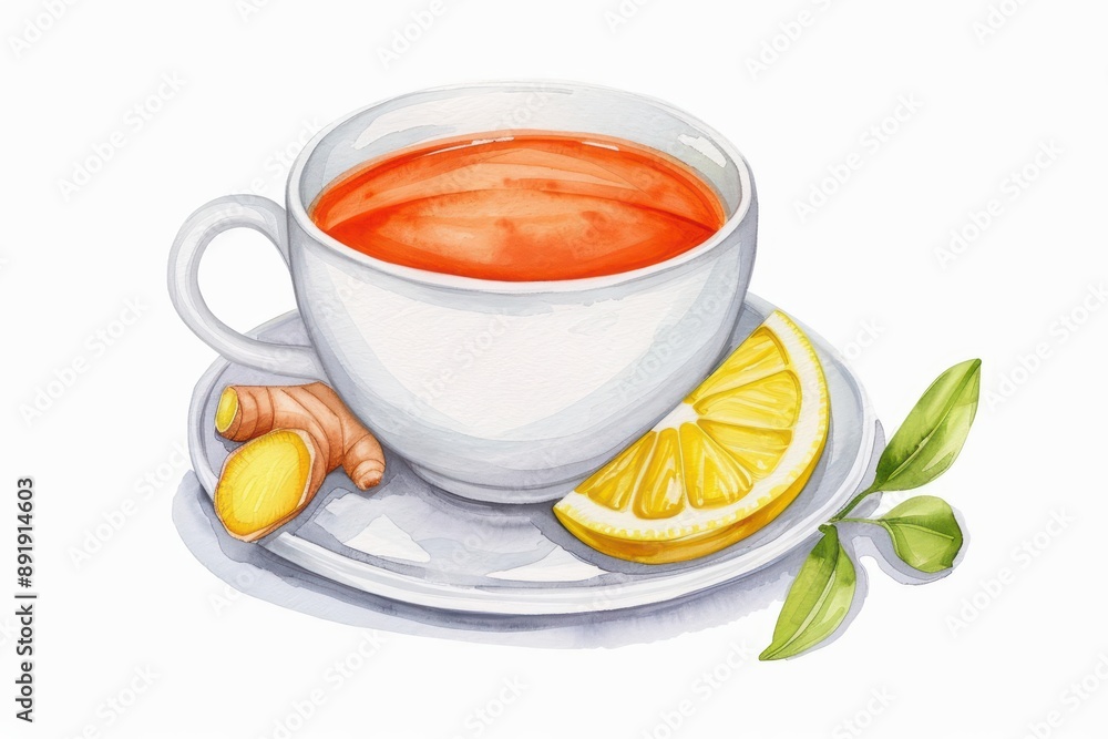 A kawaii cup of Ginger Tea in a cute watercolor painting, isolate on white background, with a slice of ginger A kawaii cup of Ginger Tea in a cute watercolor painting, isolate on white background, with a slice of ginger