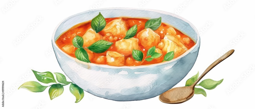 A kawaii dish of Massaman Curry in a cute watercolor painting, isolate on white background, with rich, creamy sauce A kawaii dish of Massaman Curry in a cute watercolor painting, isolate on white background, with rich, creamy sauce