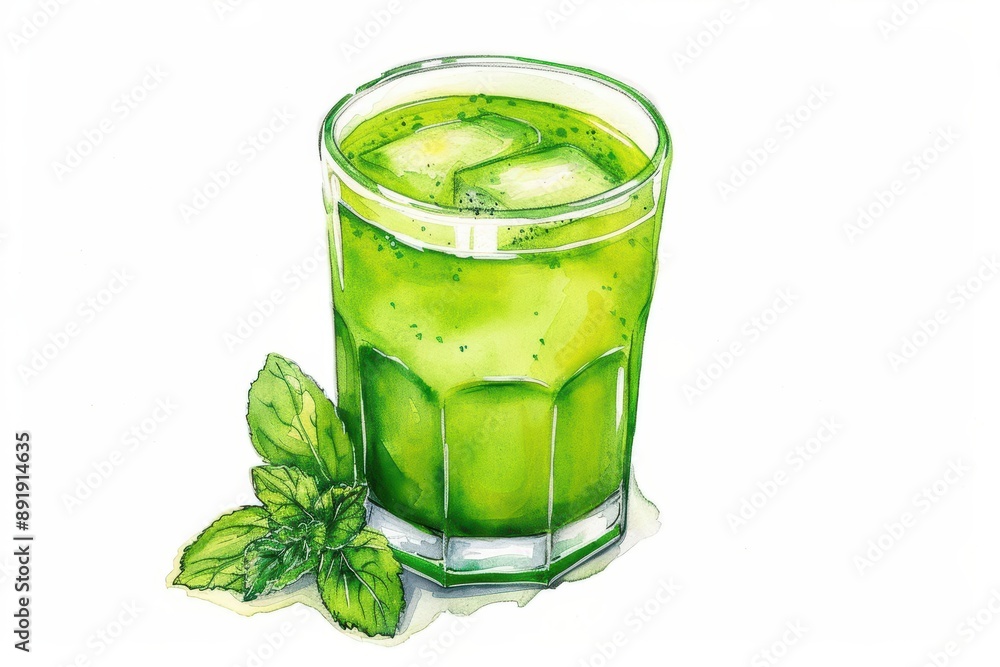 A kawaii glass of Pandan Juice in a cute watercolor painting, isolate on white background, with a light green shade A kawaii glass of Pandan Juice in a cute watercolor painting, isolate on white background, with a light green shade